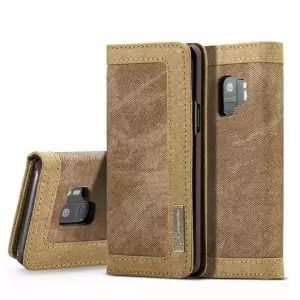Case Leather Canvas Denim For Samsung Galaxy S9 Plus Brown 2